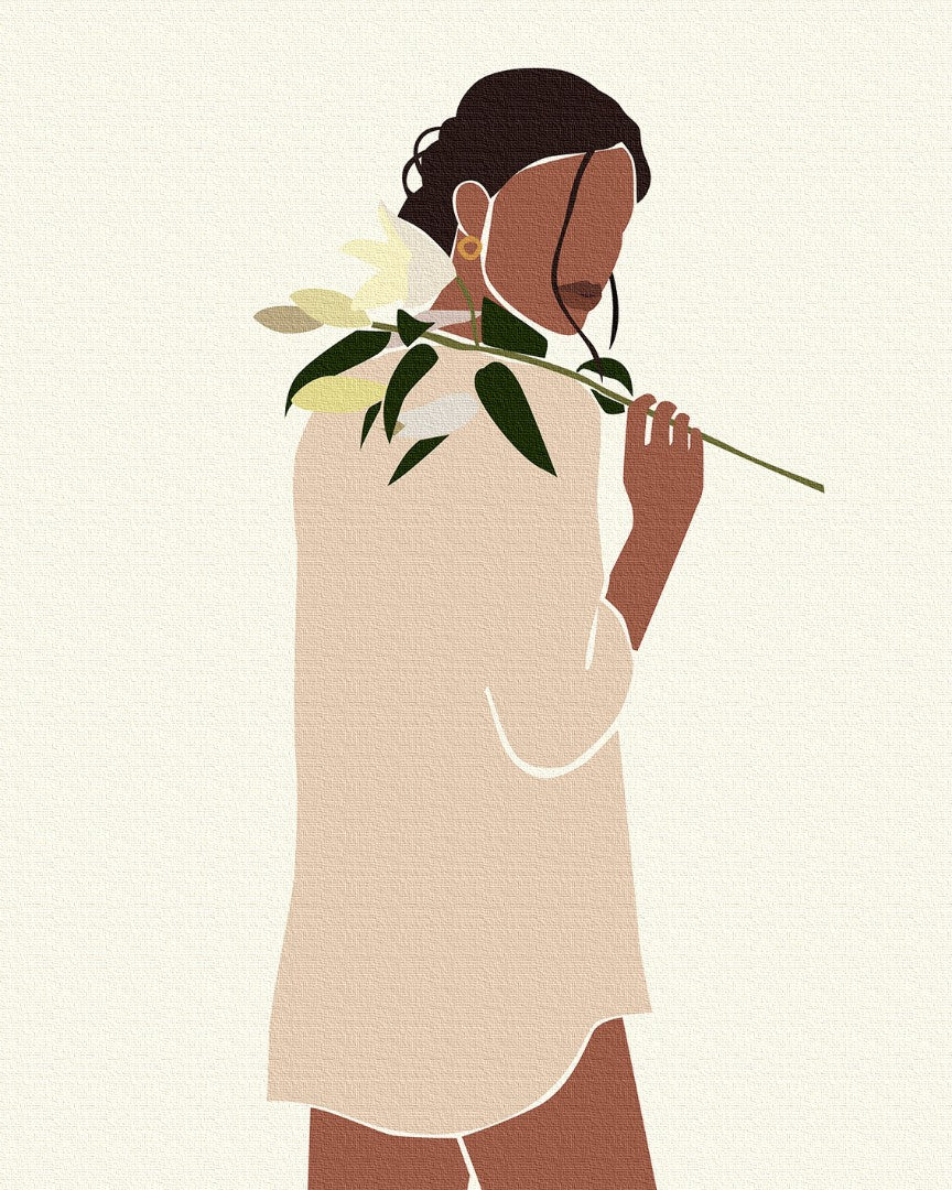 Minimalistische Malen-nach-Zahlen-Illustration einer Frau im Profil mit blühendem Zweig