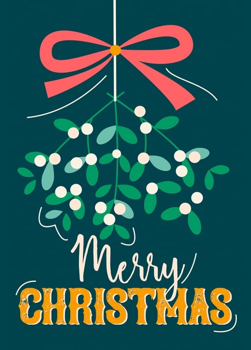 Mistelzweig mit roter Schleife und 'Merry Christmas' Schriftzug auf Petrolgrund