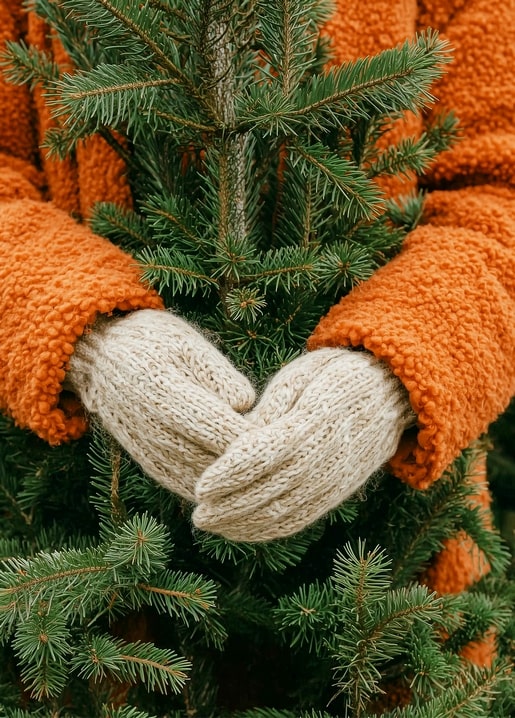 Cream knit mittens holding the top of a small fir tree
