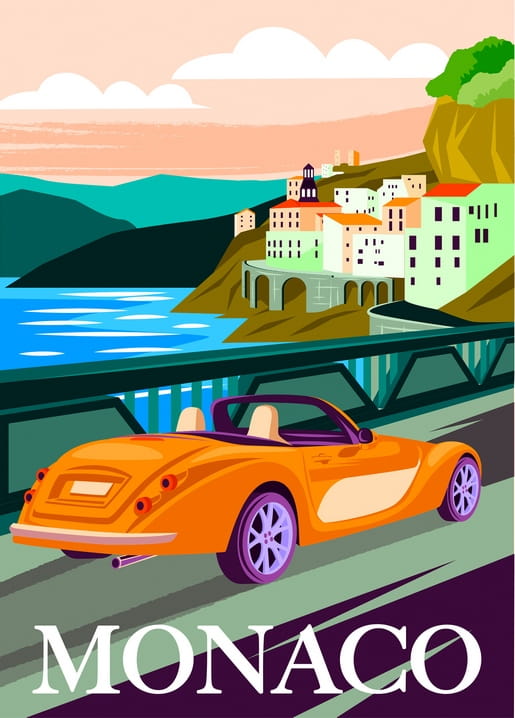 Retro-Reiseposter von Monaco mit orangefarbenem Cabrio auf einer Küstenstraße vor einer Hügelstadt