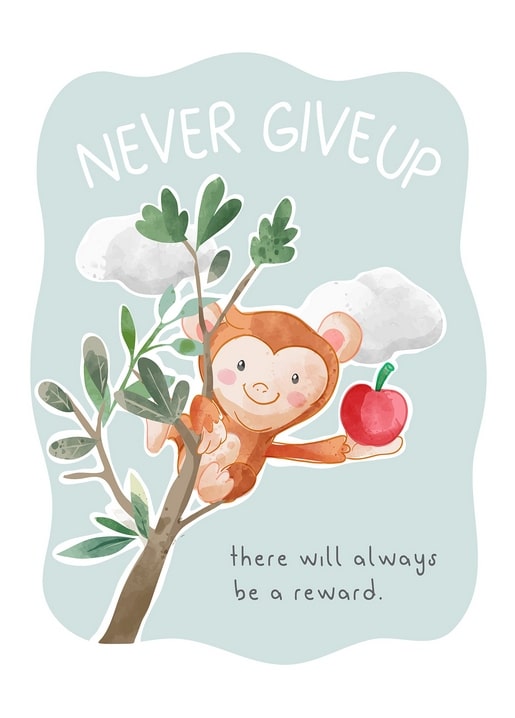 Watercolor postcard of a monkey on a branch holding an apple with the message 'Never give up'.