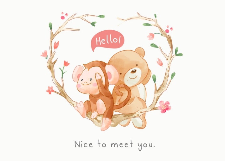 Illustration von Affe und Bärenjungem auf herzförmigem Ast mit Blüten und der Aufschrift „Hallo!“