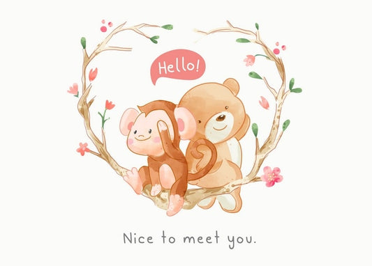 Illustration von Affe und Bärenjungem auf herzförmigem Ast mit Blüten und der Aufschrift „Hallo!“