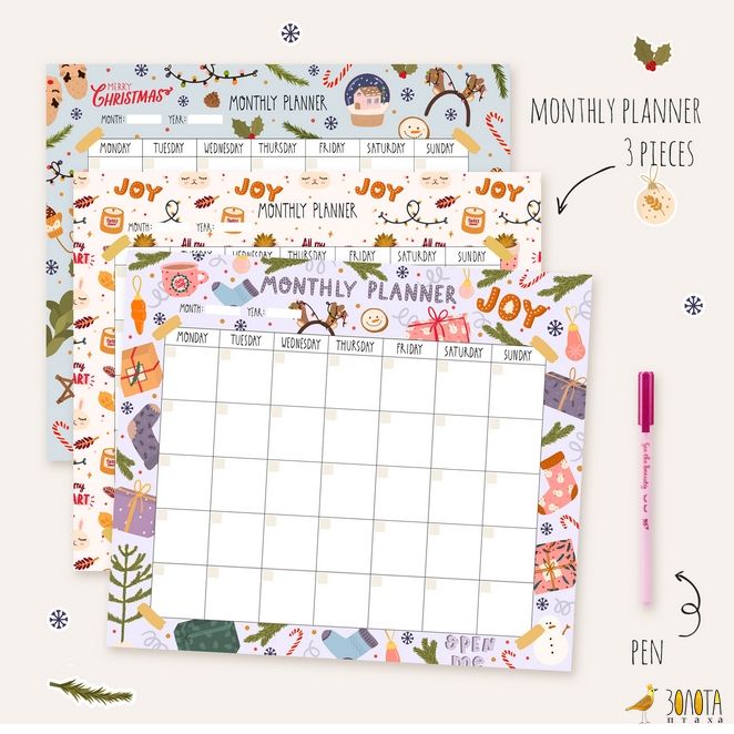 Drei Monatsplaner-Blätter mit Weihnachtsillustrationen und rosa Stift