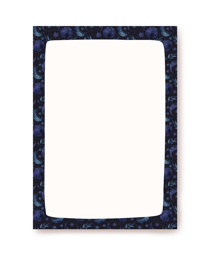 Writing paper with a navy border of moon phases and stars around a cream center