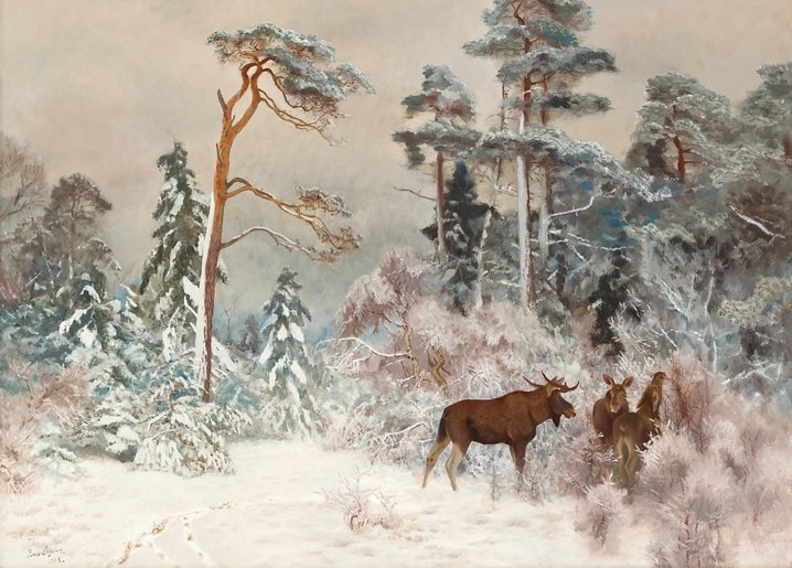 Elchbulle mit zwei weiteren Tieren am Rand eines verschneiten Nadelwalds, Gemälde von Bruno Liljefors