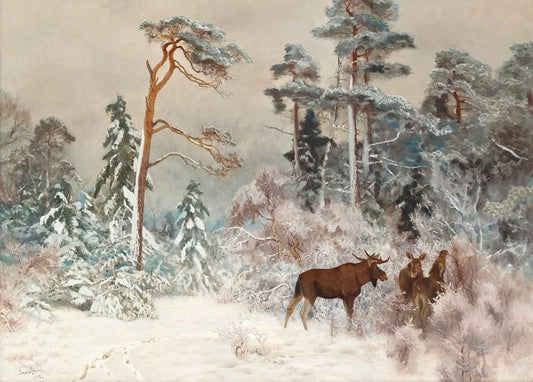 Elchbulle mit zwei weiteren Tieren am Rand eines verschneiten Nadelwalds, Gemälde von Bruno Liljefors