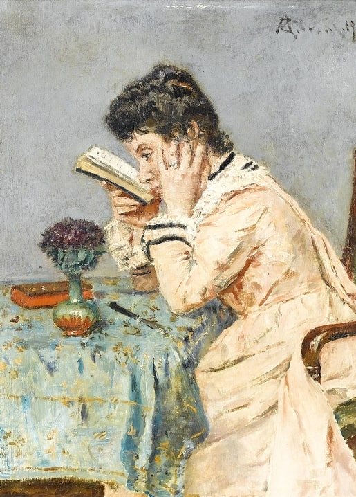 Alfred Stevens painting of a woman absorbed in reading a book at a table with violets