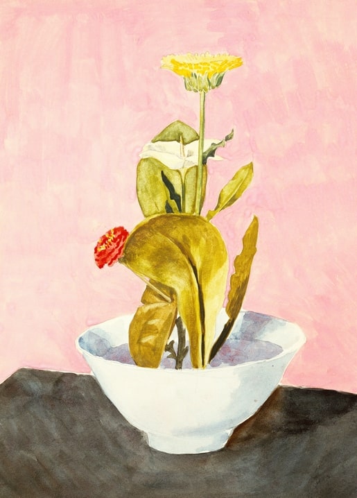 Morton Livingston Schamberg still life painting of a dandelion and red flower in a white bowl
