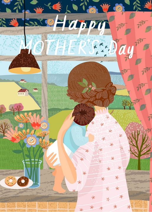 Мама тримає дитину біля вікна з краєвидом, листівка «Happy Mother's Day»