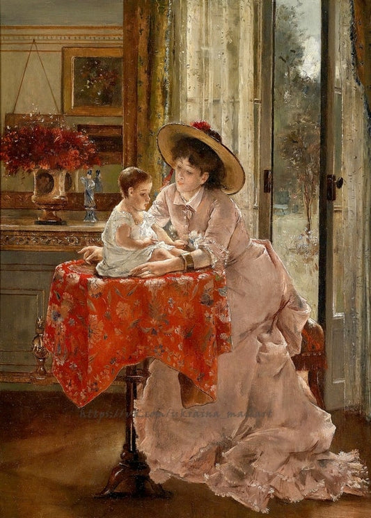 Gemälde von Alfred Stevens: Mutter mit Strohhut beugt sich zu ihrem Kind auf rotem Blumentuch