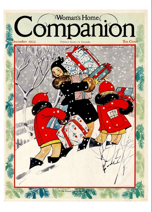 1932 magazine cover illustration of a mother and two children in red coats carrying Christmas gifts through snow