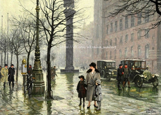 Mutter mit zwei Kindern an einer Laterne, Oldtimer und ein Denkmal auf regennassem Platz, Gemälde von Paul Gustave Fischer