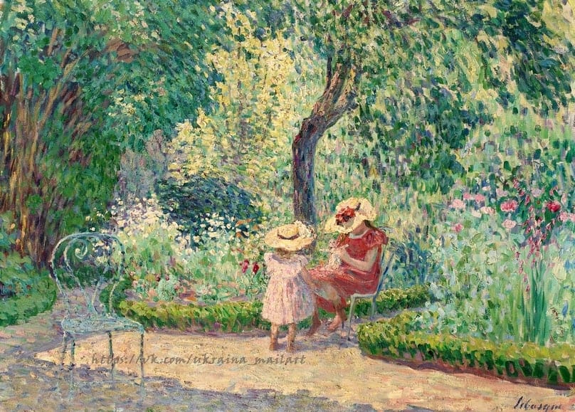 Gemälde von Henri Lebasque: Mutter und Tochter mit Strohhüten im Garten von Montevren