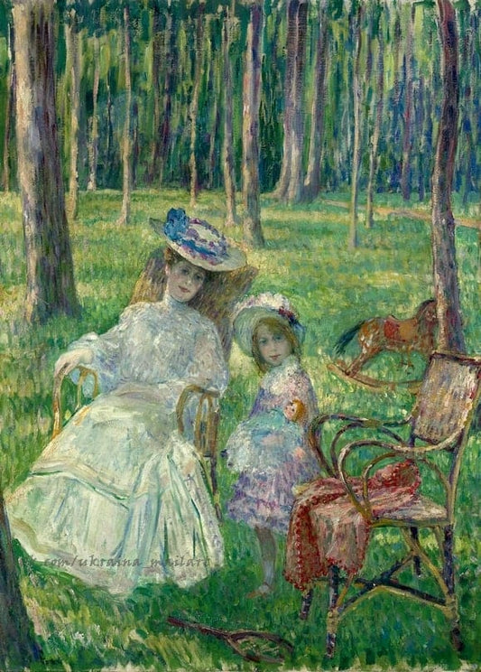 Henri Lebasque painting of a mother and daughter in a park beside a wooden rocking horse.