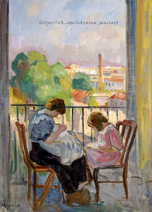 Henri Lebasque painting of a mother and daughter sewing on a balcony above rooftops with a factory chimney