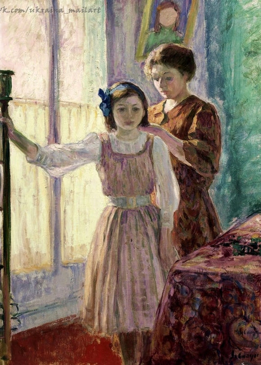 Henri Lebasque painting of a mother adjusting her daughter's dress beside a sunlit window
