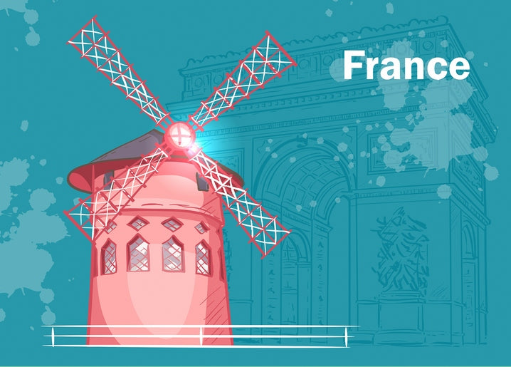 Illustration der pinken Moulin-Rouge-Windmühle mit skizziertem Triumphbogen und Schriftzug „France“