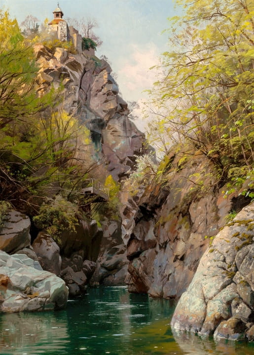 Realist painting of a river gorge near Meran with a small chapel on the cliff above, by Peder Mørk Mønsted