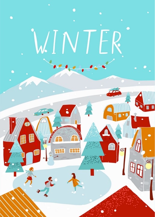 Verschneites Bergdorf mit Schlittschuhläufern, Schneemann und dem Schriftzug Winter
