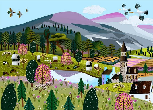 Birds flying over a mountain village with a stone church, grazing animals, and blossoming trees