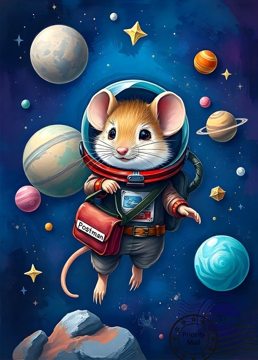 Illustration einer Astronauten-Maus mit Postbeutel zwischen Planeten und Sternen