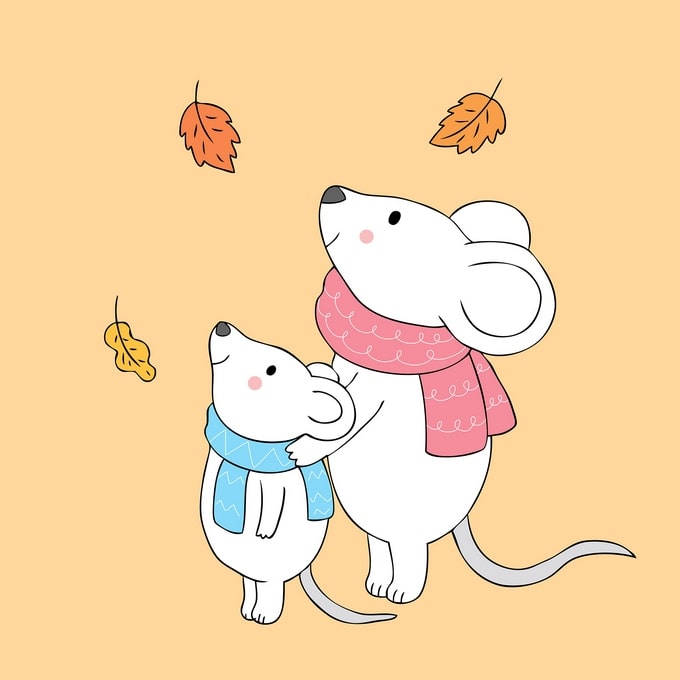Illustrated postcard of a mother and baby mouse wearing scarves among falling autumn leaves