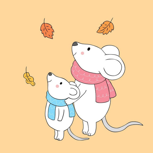Illustrated postcard of a mother and baby mouse wearing scarves among falling autumn leaves