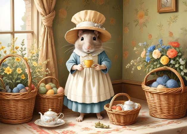 Illustrated mouse in a bonnet holding a teacup among baskets of colorful yarn