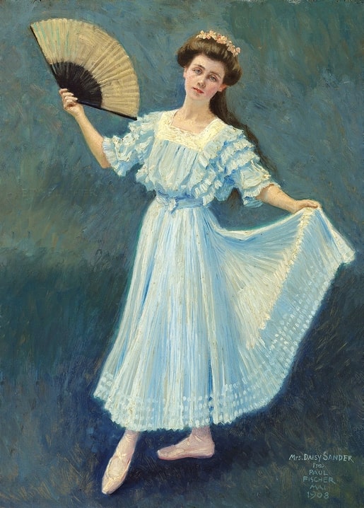 Mrs. Daisy Sander im hellblauen Kleid mit Fächer, Gemälde von Paul Gustave Fischer, 1908