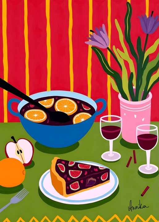 Illustration von Glühwein, Feigentorte, Obst und Tulpen auf rot gestreifter Tischdecke