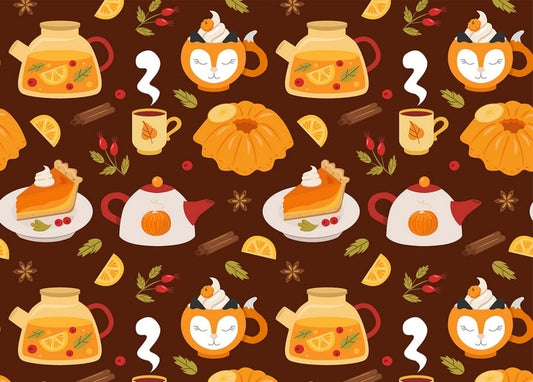 Seamless pattern of mulled wine, pumpkin pie, cinnamon, and fox-shaped cocoa mugs