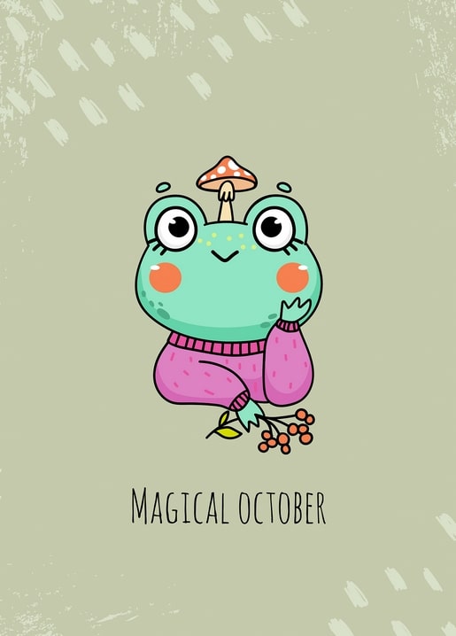 Illustrated frog with a mushroom cap holding a sprig of rowan berries