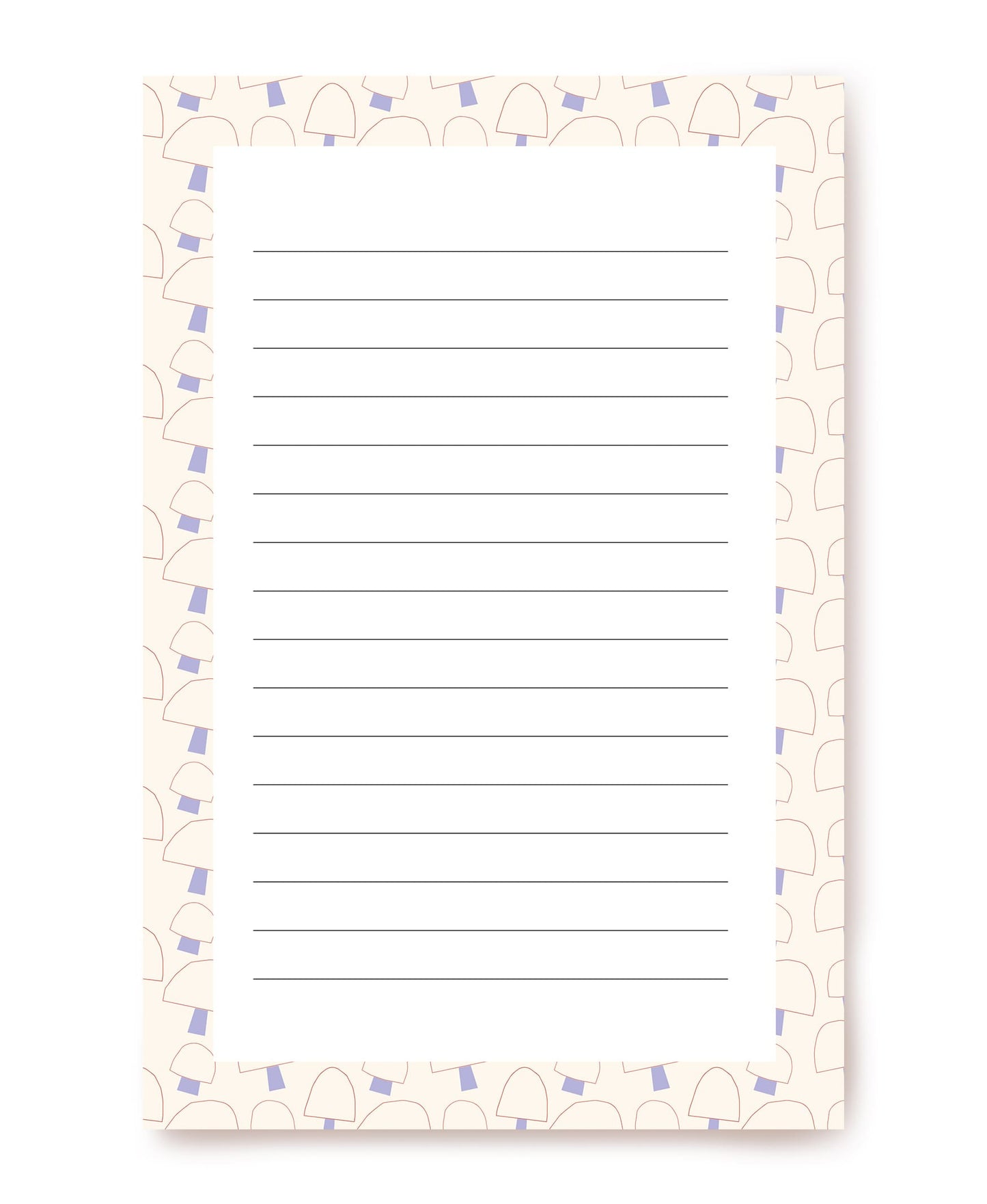 Cream writing paper bordered with outlined mushrooms in lilac and charcoal, ruled lines in the center