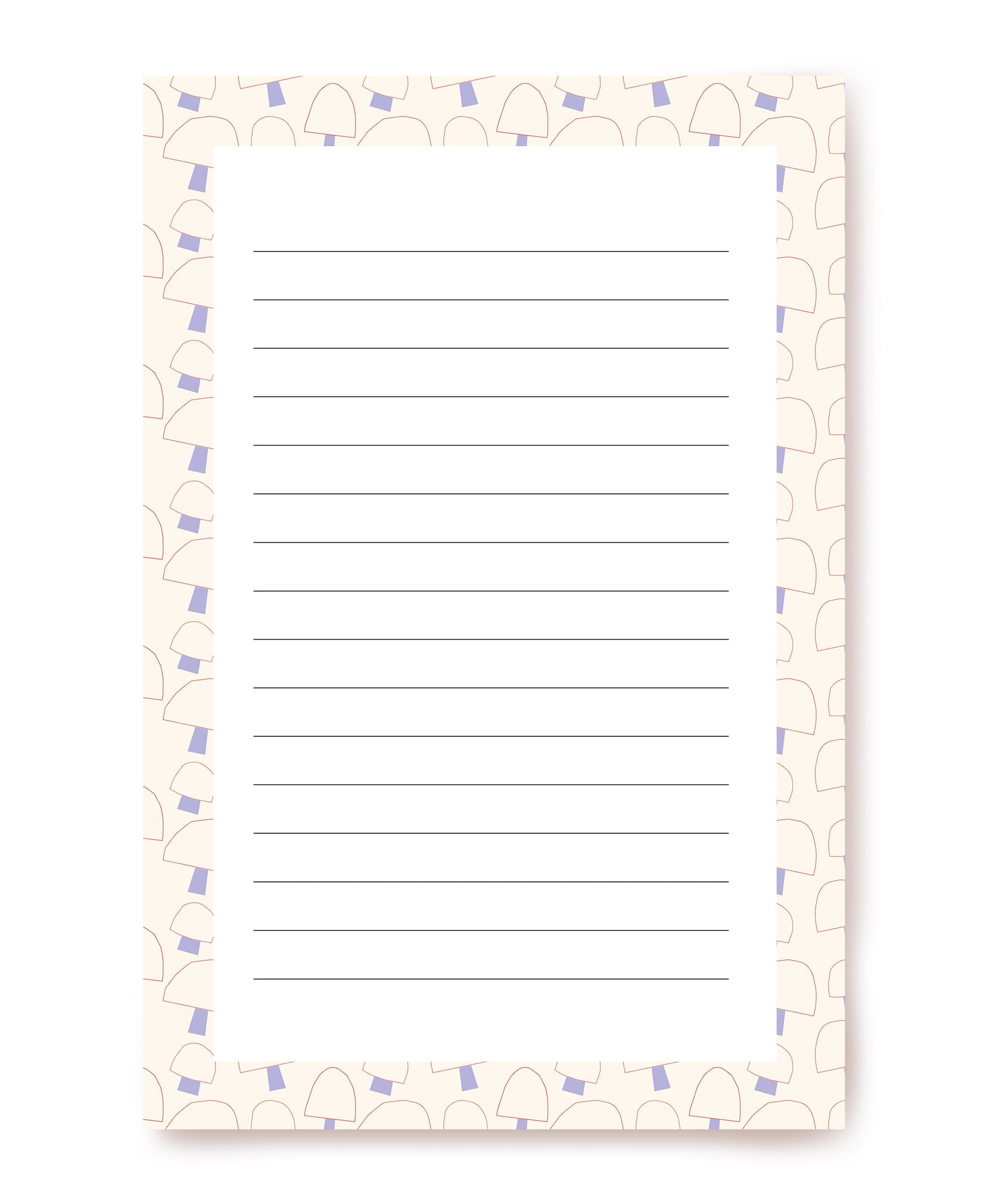 Cream writing paper bordered with outlined mushrooms in lilac and charcoal, ruled lines in the center