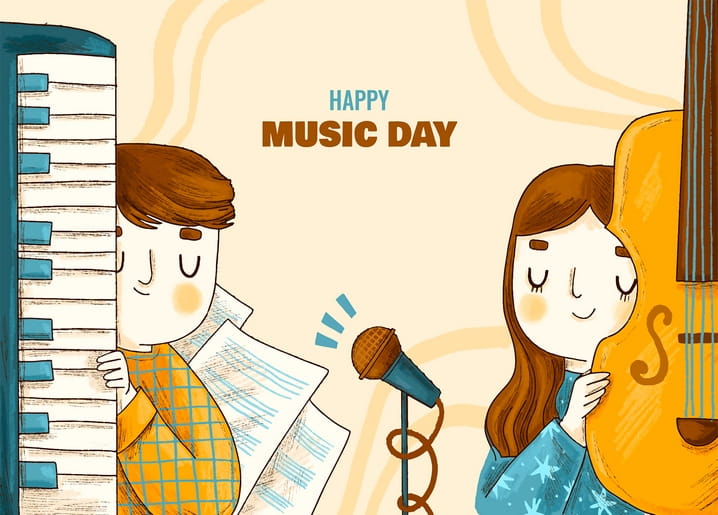 Піаніст і гітаристка з мікрофоном та написом «Happy Music Day» на листівці