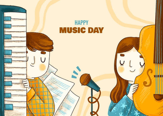 Піаніст і гітаристка з мікрофоном та написом «Happy Music Day» на листівці