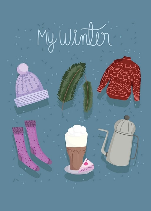 Flat lay illustration of a pom-pom hat, sweater, pine branch, socks and latte titled My Winter