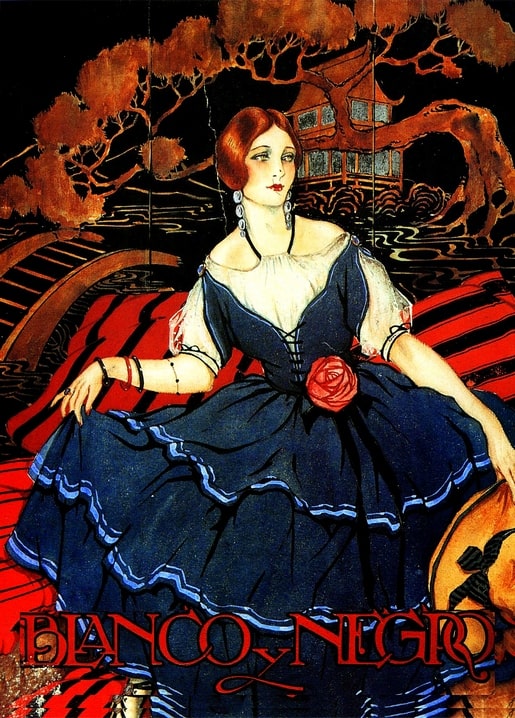 Vintage-style illustration of a red-haired woman in navy dress with a red rose, pagoda and autumn trees behind her