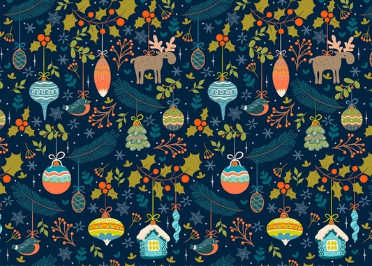 Navy seamless pattern with hanging Christmas ornaments, moose, bullfinches and holly branches