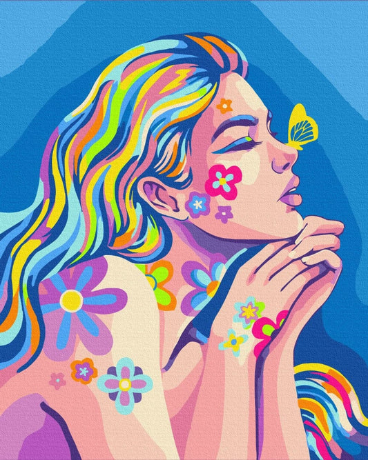 Psychedelisches Porträt „Neon Dreams“ mit Regenbogenhaar, Blüten und gelbem Schmetterling