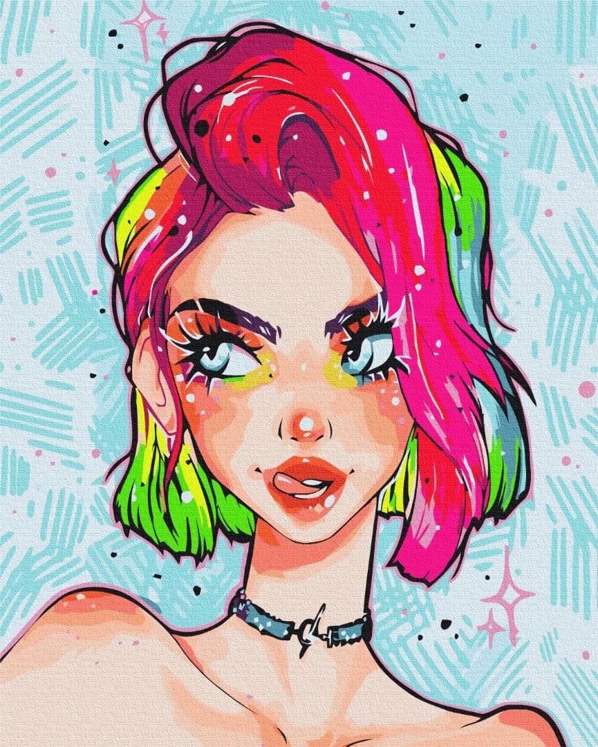 Comic-Porträt eines Mädchens mit neonfarbenem Haar und Spike-Choker, Design von @nila_art_art