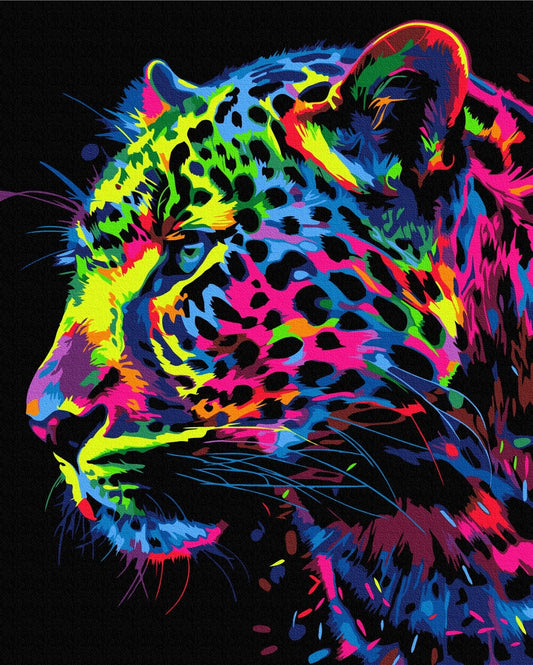 Neon-colored leopard head portrait in pink, blue, green and yellow on black background