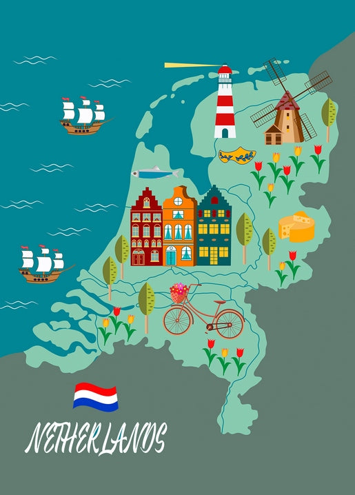 Illustrierte Postkarte mit einer Niederlande-Karte, Windmühle, Leuchtturm und Tulpen