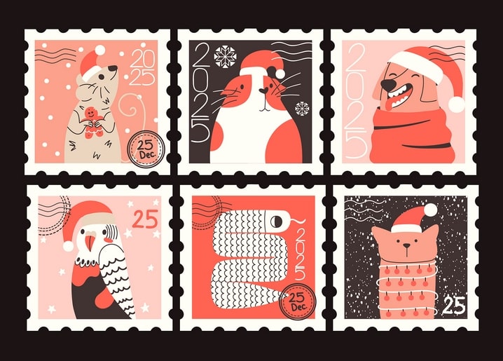 Sechs Neujahrs-Briefmarken mit Tieren in Weihnachtsmützen und der Zahl 2025