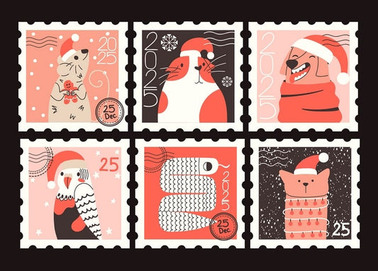 Six New Year postage stamps with animals in Santa hats and 2025 numerals