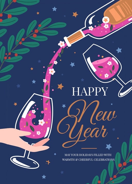 Postcard illustration of a hand pouring pink wine into glasses with holiday greenery on navy blue.