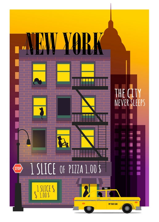 Retro-Reiseplakat New York mit Backstein-Brownstone, Katzen, Saxophonist und gelbem Taxi
