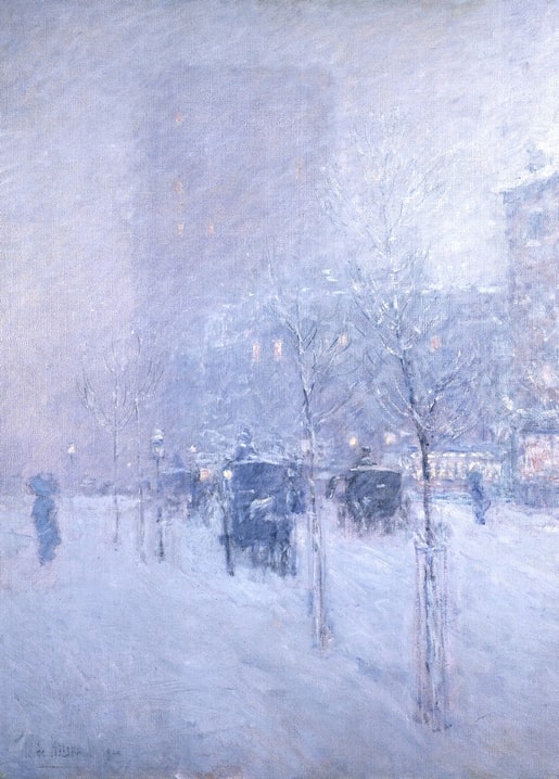 Childe Hassam painting of a snowy New York avenue with bare trees and horse carriages