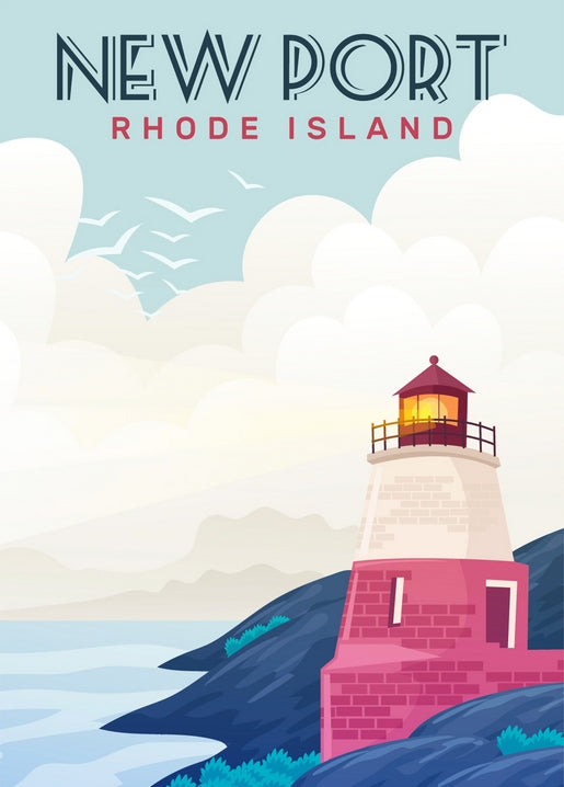 Retro-Reiseplakat mit Leuchtturm von Newport auf Küstenklippen mit Möwen bei Sonnenuntergang